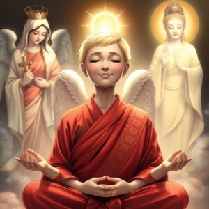 masterpiece, best quality, 4k, highly detailed, illustration, best lighting, depth of field, photorealistic
A mother with short blonde hair, wearing a traditional red monk's robe with white checkered patterns on the right lapel, eyes closed, smiling peacefully, meditating in a lotus position, an archangel covering her shoulders with wings from behind. The Virgin Mary on the left, holding a cross, gazing at the mother with a holy and loving glow. The Bodhisattva Guanyin on the right, with a Buddha symbol on her chest, holding a nectar willow branch, shining a compassionate golden light on the mother.
In a serene and divine setting, with a radiant and spiritual atmosphere.