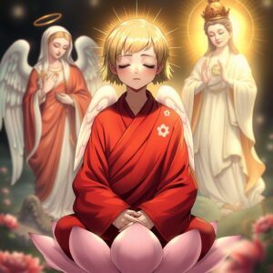 (4k), (masterpiece), (best quality), illustration, (best lighting), depth of field, detailed character, detailed environment, a mother with short blonde hair, wearing a red robe typically worn by high monks with a white checkered pattern on the right lapel, sitting cross-legged on a lotus with eyes closed and a gentle smile, an archangel behind her with wings draped over her shoulders, the Virgin Mary holding a cross on the left, gazing with divine and loving radiance, Guanyin Bodhisattva with a Buddhist emblem on the chest, holding a nectar willow branch, standing on the right, illuminating the mother with compassionate golden light.
