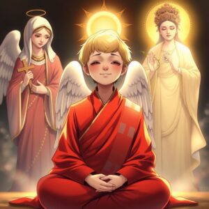 (masterpiece), (best quality), 4k, illustration style, best lighting, depth of field, detailed characters, detailed environment, a mother with short (blonde hair) wearing a red robe typically worn by monks, with white checkered pattern on the right lapel, sitting in a lotus position, eyes closed, smiling, an archangel behind her covering her shoulders with wings. On the left, (Virgin Mary) holding a cross, looking at the mother with a holy and loving glow, on the right, (Guan Yin) with a Buddha insignia on her chest, holding a nectar willow branch, illuminating the mother with compassionate golden light.