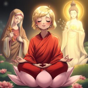 masterpiece, best quality, 4k, illustration style, best lighting, depth of field, detailed character, detailed environment

A mother with short blonde hair, wearing a red monk's robe with white checkered patterns on the right lapel, sitting cross-legged on a lotus flower with her eyes closed and a gentle smile, meditating. To her left, Saint Mary holding a cross, gazing at her with a divine and loving light. To her right, Guanyin Bodhisattva with a Buddha symbol on her chest, holding a willow branch with nectar, illuminating the mother with compassionate golden light.