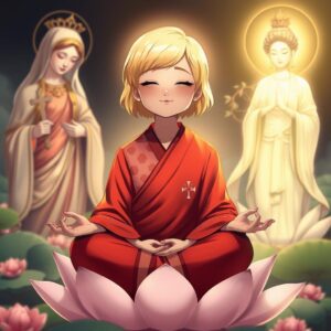 masterpiece, best quality, 4k, illustration style, best lighting, depth of field, detailed character, detailed environment, serene atmosphere
A mother with short blonde hair, wearing a red monk robe with white checkered patterns and a Buddha symbol on the right lapel, sitting cross-legged on a lotus flower with her eyes closed and a smile on her face, meditating. To the left, Virgin Mary holding a cross, gazing at the mother with a divine, loving glow. To the right, Guanyin Bodhisattva with a Buddha symbol on the chest, holding a willow branch with nectar, illuminating the mother with compassionate golden light.