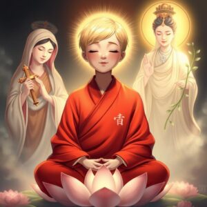 masterpiece, best quality, 4k, illustration style, ethereal lighting, divine ambiance, serene atmosphere, intricate detail, (spiritual:1.3)

A mother with (short blonde hair:1.2), wearing a red robe typically worn by monks, featuring a white checkered pattern and a Buddhist character on the right lapel, eyes closed, smiling gently, seated in a lotus position, meditating on a lotus flower. To her left, (Virgin Mary:1.3) holding a cross, gazing at the mother with a sacred, loving radiance. To her right, (Guan Yin:1.3) with a Buddhist character on her chest, holding a willow branch with nectar, illuminating the mother with compassionate golden light.