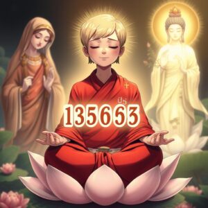 masterpiece, best quality, 4k, illustration style, best lighting, depth of field, detailed character, detailed environment, spirituality, divine light

A mother with short blonde hair, wearing a red monk's robe with white checkered patterns and a Buddha symbol on the right lapel, sitting cross-legged on a lotus flower with eyes closed and a serene smile, meditating. To her left, Saint Mary holding a cross, gazing at her with a holy and loving radiance. To her right, Guanyin Bodhisattva with a Buddha symbol on the chest, holding a nectar willow branch, illuminating the mother with compassionate golden light. The mother is holding five random numbers drawn from 1 to 49.