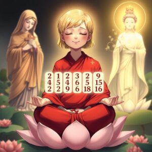 masterpiece, best quality, 4k, illustration style, best lighting, depth of field, detailed character, detailed environment
A mother with short blonde hair, wearing a red monk's robe with white checkered patterns and a Buddhist symbol on the right lapel, sitting cross-legged on a lotus flower, eyes closed, smiling peacefully while meditating. Saint Mary holding a cross, standing to the left, gazing at the mother with a divine and loving glow. Guan Yin Bodhisattva with a Buddhist symbol on the chest, holding a willow branch with nectar, standing to the right, illuminating the mother with compassionate golden light. The mother is holding six different random numbers drawn from 1 to 49.