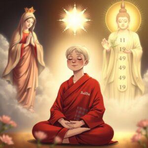 (masterpiece), (best quality), 4k, illustration, (best lighting), depth of field, a mother with short blonde hair, wearing a red robe typically worn by high monks, with a white checkered pattern and the word 'Buddha' on the right lapel, sitting in a lotus position, eyes closed, smiling gently, practicing meditation, the Virgin Mary on the left holding a cross, casting a divine and loving light upon the mother, (Avalokiteshvara) with a Buddha symbol on the chest, holding a branch of sweet dew, standing on the right, emanating a compassionate golden light over the mother, holding six different random numbers drawn from 1 to 49, serene spiritual scene, divine presence, harmonious environment.