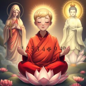 Masterpiece, best quality, 4k, illustration style, divine lighting, depth of field, serene atmosphere, spiritual theme, vibrant colors.

A mother with short (blonde hair) wearing a red robe typically worn by high monks, featuring a white checkered pattern and the symbol of Buddha on the right lapel, sitting in a lotus position with eyes closed and a gentle smile, meditating on a lotus flower. To her left, the Virgin Mary holds a cross, casting a (holy and loving light) upon the mother. To the right, Guan Yin Bodhisattva, with a Buddha symbol on the chest, holding a nectar willow branch, radiates (compassionate golden light) over the mother. In her hands, the mother holds six different random numbers drawn from 1 to 49.