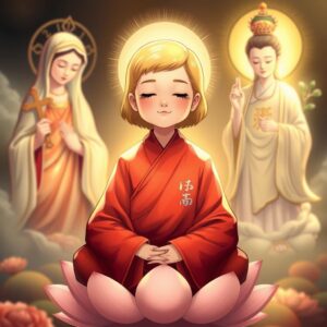 Masterpiece, best quality, 4k, illustration style, best lighting, depth of field, detailed characters, spiritual and serene atmosphere, golden short-haired mother, wearing a red monk's robe with a white checkered pattern and a Buddhist character on the right lapel, eyes closed, smiling gently, sitting cross-legged on a lotus flower in meditation. To the left, the Virgin Mary holding a cross, gazing with divine love and a radiant glow. To the right, Guan Yin with a Buddhist character on the chest, holding a nectar willow branch, shining compassionate golden light on the mother. A hand holding six unconnected numbers drawn from 1 to 49.
