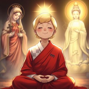 masterpiece, best quality, 4k, illustration style, best lighting, depth of field, detailed character, detailed environment, spiritual atmosphere

A mother with short blonde hair, wearing a red robe typically used by high monks, with a white checkered pattern and a Buddha symbol on the right lapel, eyes closed, smiling gently, sitting in a lotus position meditating. To the left, the Virgin Mary holding a cross, gazing at the mother with sacred and loving light. To the right, Guanyin Bodhisattva with a Buddha symbol on the chest, holding a nectar willow branch, illuminating the mother with compassionate golden light. In the mother's hand, a series of six unconnected numbers, drawn from 1 to 49.