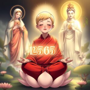 Masterpiece, best quality, 4k, illustration style, divine lighting, depth of field, (detailed character), (spiritual ambiance). A serene scene depicting a mother with short blonde hair, dressed in a red monk's robe with a white checkered pattern and a Buddhist symbol on the right side, sitting cross-legged on a lotus flower, eyes closed, smiling gently while meditating. To her left, the Virgin Mary holds a cross, radiating a holy and loving light towards the mother. On the right, Guan Yin Bodhisattva, with a Buddhist symbol on her chest, holds a willow branch, illuminating the mother with a compassionate golden light. The mother holds a set of six non-consecutive numbers drawn from 1 to 49.