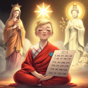 (masterpiece, best quality, 4k, illustration style, best lighting, depth of field, detailed character, detailed environment), A mother with short blond hair, wearing a red monk's robe with a white checkered pattern and Buddha symbol on the right lapel, eyes closed, smiling gently, sitting in a lotus position meditating. Saint Mary holding a cross, standing to the left with a divine and loving glow, watching over the mother. Guanyin Bodhisattva with a Buddha symbol on the chest, holding a nectar willow branch, standing to the right, radiating compassionate golden light over the mother. Holding a paper with six numbers drawn from the past 50 Hong Kong Jockey Club lottery results, numbers separated by commas.