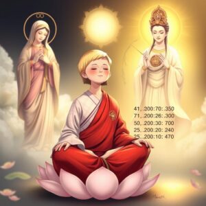 A serene scene depicting a mother with short blonde hair, wearing a red monk's robe with a white checkered pattern and a Buddhist symbol on the right side, sitting cross-legged on a lotus with her eyes closed and a gentle smile, practicing meditation. To her left, the Virgin Mary holds a cross, casting a divine, loving light upon the mother. On the right, Guanyin Bodhisattva, with a Buddhist symbol on her chest, holds a willow branch and bathes the mother in compassionate golden light. In her hand, she holds six groups of numbers drawn from the past 50 Hong Kong Jockey Club lottery results, separated by commas, masterpiece, best quality, 4k, illustration style, divine lighting, depth of field, detailed characters, and a harmonious spiritual environment.