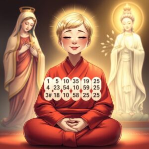 masterpiece, best quality, 4k, illustration style, best lighting, depth of field, highly detailed

A mother with short blonde hair, wearing a typical red monastic robe, with white checkered patterns and a Buddha character on the right lapel, eyes closed, smiling gently while sitting in a lotus position, meditating. The Virgin Mary, holding a cross, standing to the left, gazing at the mother with a sacred and loving radiance. Guanyin Bodhisattva, with a Buddha character on her chest, holding a willow branch with nectar, standing to the right, illuminating the mother with compassionate golden light. The mother is holding six sets of numbers randomly drawn from the past 50 lottery results of the Hong Kong Jockey Club.