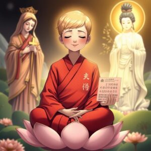 Masterpiece, best quality, 4k, illustration, best lighting, depth of field, detailed character, detailed environment

A mother with short blonde hair, wearing a traditional red monk robe with white checkered patterns and a Buddhist character on the right lapel, eyes closed, smiling serenely, sitting cross-legged on a lotus flower meditating. Saint Mary holding a cross, standing on the left, gazing at the mother with a holy and loving radiance. Guanyin Bodhisattva with a Buddhist character on the chest, holding a willow branch with nectar, standing on the right, illuminating the mother with compassionate golden light. Holding a set of six numbers randomly drawn from the past 50 lottery results of the Hong Kong Jockey Club.