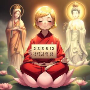 masterpiece, best quality, 4k, illustration style, best lighting, depth of field, detailed character, detailed environment, 

A mother with short golden hair, wearing a red kasa robe typically worn by high-ranking monks, with white checks and Buddhist characters on the right lapel, sitting cross-legged on a lotus flower, eyes closed, and smiling peacefully while meditating. Saint Mary holding a cross stands to the left, casting a divine and loving light upon the mother. Guanyin Bodhisattva, with a Buddhist character on her chest, stands to the right, holding a willow branch and shining a compassionate golden light on the mother. The mother holds a set of numbers randomly drawn from the past 50 issues of the Hong Kong Jockey Club's Mark Six lottery, with six numbers in a set.