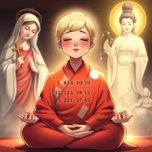 Masterpiece, best quality, 4k, illustration style, best lighting, depth of field, detailed character, detailed environment, spiritual and serene atmosphere.

A mother with short blonde hair, wearing a red robe typically worn by high monks with a white checkered pattern and the word "Buddha" on the right lapel, eyes closed, smiling gently, sitting in a lotus position meditating. To her left, the Virgin Mary holding a cross, gazing at the mother with a divine and loving radiance. To her right, the Bodhisattva Guan Yin with a "Buddha" symbol on her chest, holding a willow branch with nectar, illuminating the mother with compassionate golden light. The mother holds a randomly selected set of numbers based on the last 50 Hong Kong Jockey Club lottery results, grouped in sets of six.
