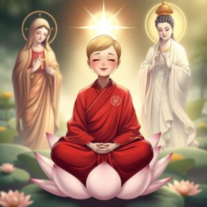 Positive Prompt: (masterpiece), (best quality), (4k), (illustration style), (best lighting), (depth of field), a serene scene featuring a mother with (short blonde hair) wearing a (red monk's robe) with (white checkered patterns) and (Buddha symbols) on the right lapel, sitting cross-legged on a (lotus flower) with (eyes closed) and (smiling), (Saint Mary) on the left, holding a (cross), radiating (divine loving light) upon the mother, (Guanyin) on the right, with a (Buddha symbol) on the chest, holding a (willow branch), shining (compassionate golden light) on the mother, holding a (random set of numbers) based on (Hong Kong Jockey Club's past 50 lottery results), set of 6 numbers, in a harmonious, spiritual environment.