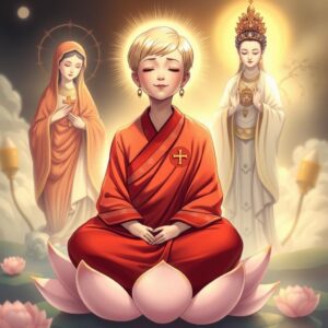 masterpiece, best quality, 4k, illustration style, divine lighting, ethereal glow, detailed character, detailed environment, a mother with short blonde hair, wearing a red Buddhist monk's robe with white check patterns and a Buddha symbol on the right lapel, sitting cross-legged on a lotus flower, eyes closed, smiling serenely, to her left is the Virgin Mary holding a cross, radiating a holy and loving light, to her right stands Guanyin with a Buddha symbol on the chest, holding a nectar willow branch, bathing the scene in compassionate golden light, holding a set of numbers randomly drawn from the Hong Kong Jockey Club's past 50 lottery results.