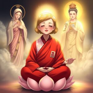 A serene scene featuring a mother with short golden hair, wearing a red robe typically worn by high monks, with a white checkered pattern and Buddhist characters on the right lapel. She sits cross-legged on a lotus, eyes closed, with a gentle smile, meditating. To her left, the Virgin Mary holds a cross, casting a holy and loving light upon the mother. To her right, Guan Yin Bodhisattva, with Buddhist characters on her chest, holds a nectar willow branch, illuminating the mother with compassionate golden light. In her hand, she holds a set of numbers randomly drawn from the past 50 results of the Hong Kong Jockey Club lottery. Masterpiece, best quality, 4k, illustration style, divine lighting, depth of field, detailed character, spiritual environment.