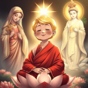 masterpiece, best quality, 4k, illustration style, best lighting, depth of field, (spiritual scene:1.2), (divine aura:1.2), (holy light:1.2), (compassionate glow:1.2), a mother with short golden hair, wearing a red robe typically used by monks, with a white checkered pattern and the word "Buddha" on the right lapel, eyes closed, smiling gently, sitting in a lotus position, meditating on a lotus flower, the Virgin Mary on the left holding a cross, gazing at the mother with a holy and loving light, Guanyin Bodhisattva on the right, with the word "Buddha" on the chest, holding a nectar willow branch, shining a compassionate golden light on the mother, holding a set of numbers randomly drawn from the past 50 issues of the Hong Kong Jockey Club Mark Six.