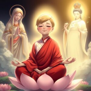 Masterpiece, best quality, 4k, illustration style, ethereal lighting, divine atmosphere, detailed character, detailed environment, a mother with short (blonde hair) wearing a traditional red (monk's robe) with a white checkered pattern and (Buddhist symbols) on the right lapel, eyes closed, smiling serenely, meditating while seated in a lotus position, on a lotus flower, Saint Mary holding a (cross) on the left, gazing with holy, loving light, (compassionate) presence, Guanyin with a Buddhist symbol on the chest, holding a willow branch with nectar, standing on the right, illuminating the mother with (compassionate golden light), holding a set of seven randomly selected numbers based on the past 50 issues of the Hong Kong Jockey Club's Mark Six lottery results, serene and harmonious scene.