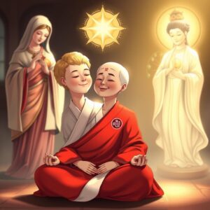 masterpiece, best quality, 4k, illustration style, best lighting, depth of field, detailed character, detailed environment, a mother with (short blonde hair), wearing a red robe typically worn by Buddhist monks, featuring a white checkered pattern and a Buddhist symbol on the right collar, sitting in a lotus position with eyes closed and a gentle smile, practicing meditation, Saint Mary holding a cross, standing on the left side, gazing at the mother with a holy and loving radiance, Guan Yin with a Buddhist symbol on her chest, holding a willow branch, standing on the right side, illuminating the mother with compassionate golden light, holding a set of seven numbers based on the past 50 lottery results from the Hong Kong Jockey Club, predicted to be drawn in the 11th issue of 2025.