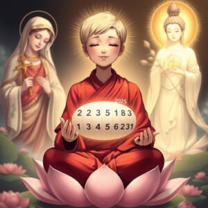 Masterpiece, best quality, 4k, illustration style, best lighting, depth of field, detailed character, detailed environment, divine aura

A mother with short blonde hair, wearing a red monk's robe with white checkered patterns and a Buddha symbol on the right lapel, eyes closed, smiling serenely, sitting cross-legged on a lotus flower meditating. To her left, the Virgin Mary holding a cross, gazing at the mother with a holy and loving radiance. To her right, Guanyin Bodhisattva with a Buddha symbol on her chest, holding a nectar willow branch, illuminating the mother with a compassionate golden light. In her hands, the mother holds a set of 7 numbers drawn from the past 50 draws of the Hong Kong Jockey Club's Mark Six lottery, predicted to be the numbers for the 11th draw in 2025.