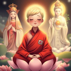 Masterpiece, best quality, 4k, illustration style, divine aura, best lighting, depth of field, detailed character, detailed environment, a mother with ((short blonde hair)), wearing a red robe typically used by monks, featuring a white checkered pattern and a Buddhist character on the right lapel, eyes gently closed, smiling serenely, sitting in the lotus position on a lotus flower, practicing meditation, on the left, (((Virgin Mary))) holding a cross, gazing with a holy and loving glow, on the right, (((Guanyin Bodhisattva))), with a Buddhist character on the chest, holding a nectar willow branch, shining with compassionate golden light, holding a set of numbers based on Hong Kong Jockey Club's past 50 lottery results, drawn for the 11th issue of 2025, surrounded by an aura of tranquility and spirituality.