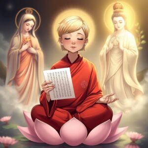 Masterpiece, best quality, 4k, illustration style, best lighting, depth of field, ethereal atmosphere, divine ambiance.

A mother with short blonde hair, wearing a traditional red monk's robe with a white checkered pattern and a Buddhist symbol on the right lapel, sitting cross-legged on a lotus flower, eyes closed, with a gentle smile, meditating. To her left, the Virgin Mary, holding a cross, gazes at her with a holy, loving glow. To her right, Guanyin Bodhisattva, with a Buddhist symbol on her chest, holding a willow branch with nectar, shines compassionate golden light upon the mother. In the mother's hand, a sheet with numbers derived from the Hong Kong Jockey Club's past 50 lottery results, generating a new set of 7 numbers for the 2025 11th draw. In the background, a serene, mystical setting.