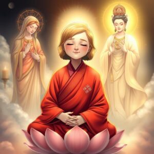 (masterpiece), (best quality), 4k, illustration, divine lighting, ethereal atmosphere, serene expression, intricate details, harmonious composition, spiritual scene, 

A mother with short golden hair, wearing a traditional red robe of a high monk, with white checkered patterns and a Buddhist symbol on the right lapel, eyes closed, smiling gently, sitting cross-legged on a lotus, meditating. To her left, the Virgin Mary holding a cross, radiating a holy and loving light, gazing at the mother with compassion. To her right, Guanyin Bodhisattva with a Buddhist symbol on the chest, holding a willow branch with nectar, bathing the mother in a compassionate golden light. In her hand, a set of numbers derived from past Hong Kong Jockey Club lottery results, predicting a set of seven numbers for the 11th issue of 2025, divine presence, peaceful ambiance, spiritual harmony.