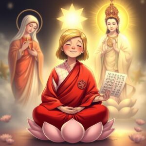 Positive Prompt: A serene scene with a mother having short golden hair, wearing a red robe typically worn by monks, featuring a white checkered pattern and a Buddhist symbol on the right lapel. She sits cross-legged on a lotus, eyes closed, smiling peacefully in meditation. To her left, the Virgin Mary holds a cross, gazing at her with divine and loving light. On the right, Guanyin Bodhisattva, with a Buddhist symbol on the chest, holds a nectar willow branch, illuminating the mother with compassionate golden light. In hand, she holds a paper with a new set of seven numbers calculated from the past 50 Hong Kong Jockey Club lottery results. Masterpiece, best quality, 4k, illustration style, divine lighting, depth of field, detailed character expressions, rich spiritual environment.