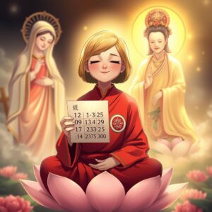 Masterpiece, best quality, 4k, illustration style, best lighting, depth of field, ethereal glow, divine atmosphere, serene meditation scene, (detailed characters), (detailed environment).

A mother with short golden hair, dressed in a traditional monk's red robe with a white checkered pattern and Buddhist symbol on the right lapel, eyes closed, smiling gently, sitting cross-legged on a lotus flower in meditation. To her left, the Virgin Mary, holding a cross, gazes at her with divine and loving light. On the right, Guan Yin Bodhisattva, with a Buddhist symbol on the chest, holds a willow branch with a vase, illuminating the mother with compassionate golden light. She holds a piece of paper with a calculated set of seven numbers based on the past 50 results from the Hong Kong Jockey Club lottery.