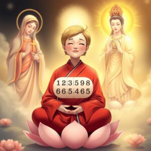 A serene scene featuring a mother with short golden hair, wearing a traditional red monk's robe with a white checkered pattern and Buddhist symbol on the right lapel, sitting cross-legged on a lotus, eyes closed, smiling peacefully in meditation. To the left, the Virgin Mary, holding a cross, gazes at the mother with a holy, loving radiance. To the right, Guan Yin Bodhisattva, with a Buddhist symbol on the chest, holding a nectar willow branch, bathes the mother in compassionate golden light. The mother is holding a set of six new numbers calculated from the past 40 Hong Kong Jockey Club lottery results. Masterpiece, best quality, 4k, illustration style, divine lighting, depth of field, detailed characters, ethereal environment.