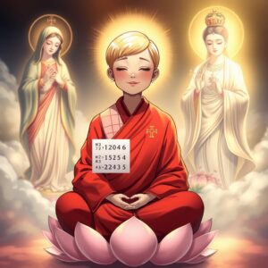 Masterpiece, best quality, 4k, illustration style, divine lighting, ethereal ambiance, detailed character, detailed environment, spiritual setting, harmonious composition.

A mother with short (blonde hair) dressed in a traditional red monk's robe, featuring a white checkered pattern and a Buddhist symbol on the right lapel, sitting cross-legged on a lotus, eyes closed, smiling peacefully in meditation. To the left, the Virgin Mary holding a cross, casting a holy and loving radiance upon the mother. To the right, Guan Yin Bodhisattva with a Buddhist symbol on the chest, holding a branch of sweet dew, shining compassionate golden light onto the mother. In the mother's hand, a calculated set of new lottery numbers derived from the past 40 draws of the Hong Kong Jockey Club's Mark Six results.