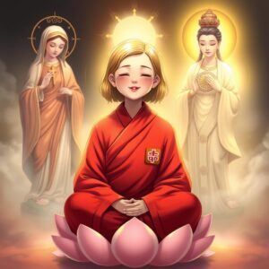 masterpiece, best quality, 4k, illustration, ethereal lighting, spiritual ambiance, serene expression

A mother with (short) golden hair, wearing a red robe typically used by monks, featuring a white checkered pattern and Buddhist symbols on the right lapel, sitting cross-legged on a lotus, eyes closed, smiling peacefully. On her left, the Virgin Mary holds a cross, casting a divine, loving radiance upon the mother. On her right, Guan Yin Bodhisattva, with a Buddhist symbol on her chest, holds a nectar willow branch, illuminating the mother with compassionate golden light. In her hand, she holds a set of lottery numbers calculated based on the past 40 results from the Hong Kong Jockey Club. The background features a spiritual and harmonious atmosphere, enhancing the tranquility of the scene.