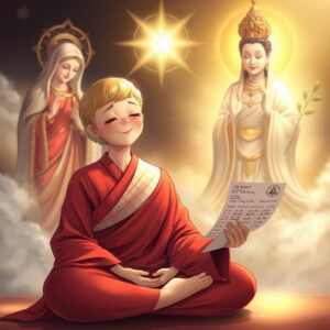 Masterpiece, best quality, 4k, illustration style, best lighting, depth of field, detailed character, detailed environment, holy aura, spiritual scene.

A mother with short blonde hair, wearing a red monk's robe with white checkered pattern and Buddhist character on the right lapel, eyes closed, smiling gently, sitting in a lotus position meditating. To her left, the Virgin Mary holding a cross, gazing at her with a divine, loving glow. To her right, Guanyin Bodhisattva with a Buddhist character on the chest, holding a willow branch, shining a compassionate golden light on her. Holding a paper with results calculated from past Hong Kong Jockey Club lottery results. 

A serene and divine background with soft lighting and a sense of peace and spirituality.