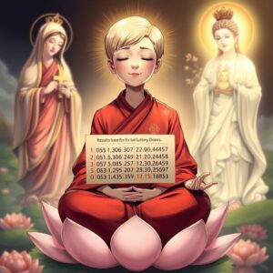 masterpiece, best quality, 4k, illustration style, best lighting, depth of field, detailed character, detailed environment, religious imagery

A mother with short blonde hair, wearing a red monk's robe with white checkered patterns and a Buddha symbol on the right lapel, sitting cross-legged on a lotus flower, eyes closed, smiling serenely while meditating. To her left stands the Virgin Mary holding a cross, gazing at her with a holy, loving light. To her right stands Guanyin Bodhisattva with a Buddha symbol on her chest, holding a willow branch with nectar, illuminating the mother with compassionate golden light. The mother holds a set of results based on the last 50 lottery draws from the Hong Kong Jockey Club.