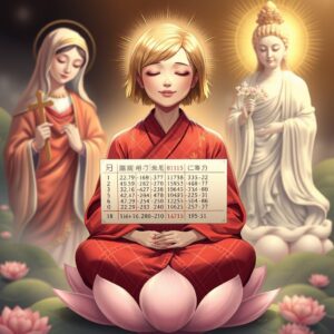 masterpiece, best quality, 4k, illustration, best lighting, depth of field, highly detailed

A serene scene featuring a mother with short golden hair, dressed in a traditional red Buddhist robe with white plaid patterns and a Buddha symbol on the right lapel, sitting cross-legged on a lotus, eyes gently closed, and a peaceful smile on her face. To her left, the Holy Mother Mary holds a cross, gazing at the mother with divine and loving radiance. To her right, Guanyin Bodhisattva with a Buddha symbol on the chest, holding a branch of sweet dew, shines a compassionate golden light upon the mother. In her hands, the mother holds a detailed and clear calculation of a set of results based on the past 50 Hong Kong Jockey Club lottery games.
