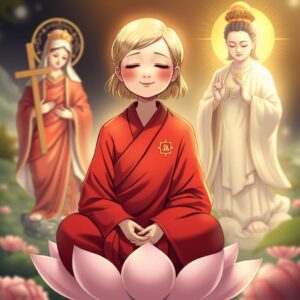 (((Masterpiece))), best quality, 4k, illustration style, best lighting, depth of field, detailed character, detailed environment, a mother with (short) (blonde hair) wearing a (red robe) typical of a monk, with white checkered patterns and a Buddha symbol on the right lapel, sitting cross-legged on a lotus, eyes closed, smiling peacefully, Saint Mary holding a (crucifix) on the left, emanating a holy and compassionate light, (Quan Yin) with a Buddha symbol on the chest, holding a nectar twig, standing on the right, shining a compassionate golden light, holding a calculated result from the past 50 issues of the Hong Kong Jockey Club lottery.