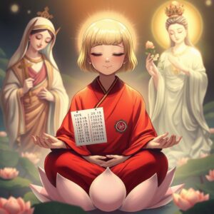 (((masterpiece))), ((best quality)), 4k, illustration, ethereal lighting, divine ambiance, depth of field, highly detailed characters, intricate environment, serene atmosphere, 

A mother with (short blonde hair) wearing a (red robe) typically worn by high monks, with a (white checkered pattern) and a (Buddhist symbol) on the right lapel, sitting in (lotus position) with (closed eyes) and a (gentle smile), meditating on a (lotus flower). On her left, the (Virgin Mary) holding a (cross) gazes upon the mother with a (holy, loving radiance). To her right, (Guan Yin) with a (Buddhist symbol) on her chest, holds an (elixir willow branch), shining a (compassionate golden light) on the mother. In her hands, a (calculated set of lottery results) based on Hong Kong Jockey Club's past 50 lottery draws.