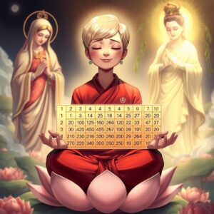 masterpiece, best quality, 4k, illustration style, best lighting, depth of field, detailed character, detailed environment, intricate lighting

A mother with short blonde hair, wearing a red monk's robe with white checkered patterns and a Buddha symbol on the right lapel, sitting cross-legged on a lotus flower, eyes closed, smiling peacefully, practicing meditation. To her left, the Virgin Mary holds a cross, gazing at her with a holy and loving light. To her right, Guanyin Bodhisattva stands, with a Buddha symbol on her chest, holding a willow branch dripping with holy nectar, illuminating the mother with compassionate golden light. The background shows a serene and divine environment with holy figures, and the mother holds a chart based on the Hong Kong Jockey Club's past 50 lottery results, clearly predicting an upcoming set of results.