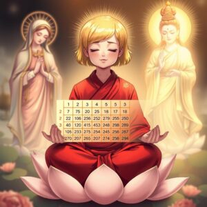 masterpiece, best quality, 4k, illustration style, best lighting, depth of field, detailed character, detailed environment, spiritual aura, divine light

A mother with short golden hair wearing a red monk's robe, with white checkered patterns and the character '佛' on the right lapel. She is sitting cross-legged on a lotus flower, meditating with her eyes closed and a gentle smile on her face. To her left, the Virgin Mary holding a cross, gazes at her with divine love and holy radiance. To her right, Guanyin Bodhisattva, with a '佛' character on her chest, holding a nectar willow branch, illuminates the mother with compassionate golden light. The mother is holding a chart based on the last 50 Hong Kong Jockey Club Mark Six lottery results, clearly calculating a set of predicted outcomes.