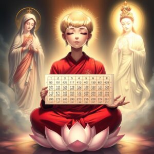 Masterpiece, best quality, 4k, illustration, ethereal lighting, divine atmosphere, sacred symbolism, intricate details, harmonious composition.

A woman with short blonde hair, dressed in a red monk's robe with white checkered patterns and a Buddhist symbol on the right lapel, sitting in a lotus position with closed eyes and a serene smile, meditating on a lotus flower. To her left, the Virgin Mary, holding a cross, casts a holy and loving light. To her right, Guanyin Bodhisattva, with a Buddhist symbol on the chest, holding a willow branch of sweet dew, illuminates the woman with a compassionate golden light. In her hand, she holds a chart based on the past 50 issues of the Hong Kong Jockey Club lottery results, clearly calculating the new set of results for issue 25/011.