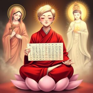 A mother with short (blonde hair), wearing a red robe typical of high monks, featuring a white checkered pattern and a Buddhist character on the right lapel, sitting cross-legged on a lotus, eyes closed, smiling serenely, practicing meditation. To the left, (Virgin Mary) holds a cross and gazes lovingly with a holy, compassionate glow. On the right, (Guanyin Bodhisattva) with a Buddhist character on the chest, holding a willow branch, radiating compassionate golden light upon the mother. The mother holds a chart based on the past 50 lottery results from the Hong Kong Jockey Club, clearly calculating a new set of results for the 25/011 period. Masterpiece, best quality, 4k, illustration style, best lighting, depth of field, detailed character, spiritual atmosphere, divine environment.