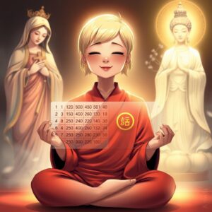 Masterpiece, best quality, 4k, illustration style, best lighting, depth of field, detailed character, detailed environment, spiritual theme, ethereal glow

A mother with short blonde hair, wearing a red monk robe with white checkered patterns and a Buddha symbol on the right lapel, eyes closed, smiling peacefully while sitting in a lotus position meditating. On the left, the Virgin Mary holding a cross, observing the mother with a divine and loving glow. On the right, Guanyin Bodhisattva with a Buddha symbol on the chest, holding a nectar willow branch, illuminating the mother with compassionate golden light. The mother is holding a graph based on the past 50 Hong Kong Jockey Club Mark Six lottery results, clearly calculating the predicted results for the upcoming term.