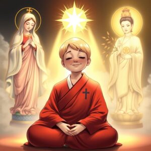 A mother with short blonde hair, wearing a red monk's robe with white checkered patterns and a Buddhist character on the right lapel, sitting in a lotus position with closed eyes and a gentle smile. The Virgin Mary holding a cross, standing to the left, showering the mother with divine and loving light. Guan Yin Bodhisattva with a Buddhist character on the chest, holding a willow branch with nectar, standing to the right, illuminating the mother with compassionate golden light. Detailed and clear prediction charts based on Hong Kong Jockey Club's past 50 lottery results, showing the expected results for the 25/011 period. Masterpiece, best quality, 4k, illustration style, best lighting, depth of field, detailed characters, detailed environment.