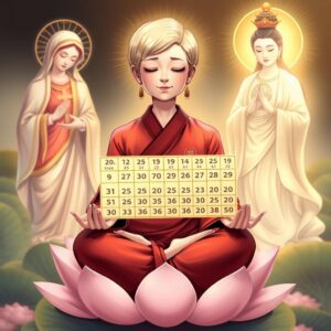 A mother with short blonde hair, wearing a traditional red monk's robe with white check patterns and a Buddha symbol on the right lapel, sitting cross-legged on a lotus flower with closed eyes and a gentle smile, practicing meditation. To her left, the Virgin Mary holds a cross, gazing at her with divine and loving radiance. On the right, Guanyin Bodhisattva, with a Buddha symbol on the chest, holds a nectar willow branch, illuminating the mother with compassionate golden light. The mother holds a chart based on Hong Kong Jockey Club's past 50 lottery results, clearly calculating the upcoming 25/011 results. Masterpiece, best quality, 4k, illustration style, best lighting, depth of field, detailed characters, serene environment, spiritual atmosphere.