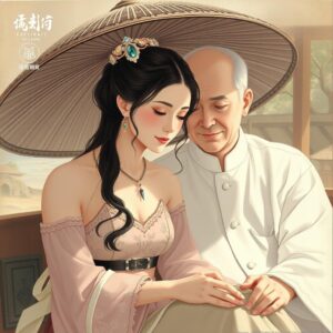 一位美麗的亞洲女性，穿著毛皮大衣，正面照 一個有著濃密、蓬鬆毛皮領的毛皮外套 深色頭髮，披肩長髮 清晰的妝容，自然的妝容，橘色唇膏 模特兒的眼神直接看著鏡頭 灰色的背景，簡潔的背景