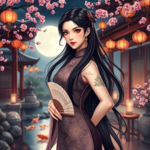 (masterpiece, best quality, 4k, illustration, intricate details, elegant and refined, soft lighting, vibrant colors, cinematic atmosphere), a beautiful and alluring woman dressed in traditional (ancient Chinese-inspired attire), her expression is sensual and captivating, long flowing black hair adorned with delicate hairpins and ornaments, wearing a (form-fitting cheongsam-style dress) with intricate embroidery, emphasizing her graceful figure, intricate jewelry enhances her elegance, she is posing confidently with one hand resting on her hip, the other holding a delicate folding fan, her eyes gazing softly towards the viewer, (ornamental details:1.3), (refined beauty:1.5), 

set in a serene and picturesque environment, a traditional Chinese courtyard with blooming cherry blossoms and lanterns gently swaying in the breeze, a small koi pond reflecting the warm glow of lanterns, moonlight casting a gentle glow over the scene, creating a harmonious and romantic atmosphere.