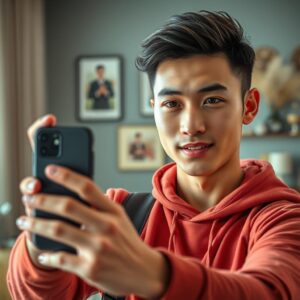 (young Chinese man) taking a selfie, detailed facial features, stylish haircut, casual modern clothing, holding a smartphone, masterpiece, best quality, 4k, realistic style, natural lighting, depth of field, indoors environment, decorated room background.