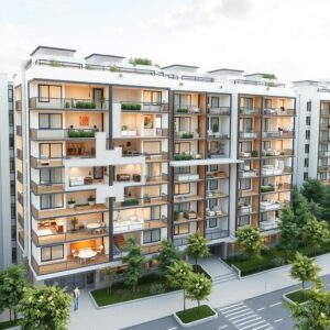 Creating a harmonious-style public housing floor plan, masterpiece, best quality, 4k, architectural illustration, detailed design, minimalist layout, functional spaces, contemporary aesthetics, open living areas, natural lighting, efficient use of space, modern finishes, neutral color palette, communal areas, sustainable materials, green features, urban environment.